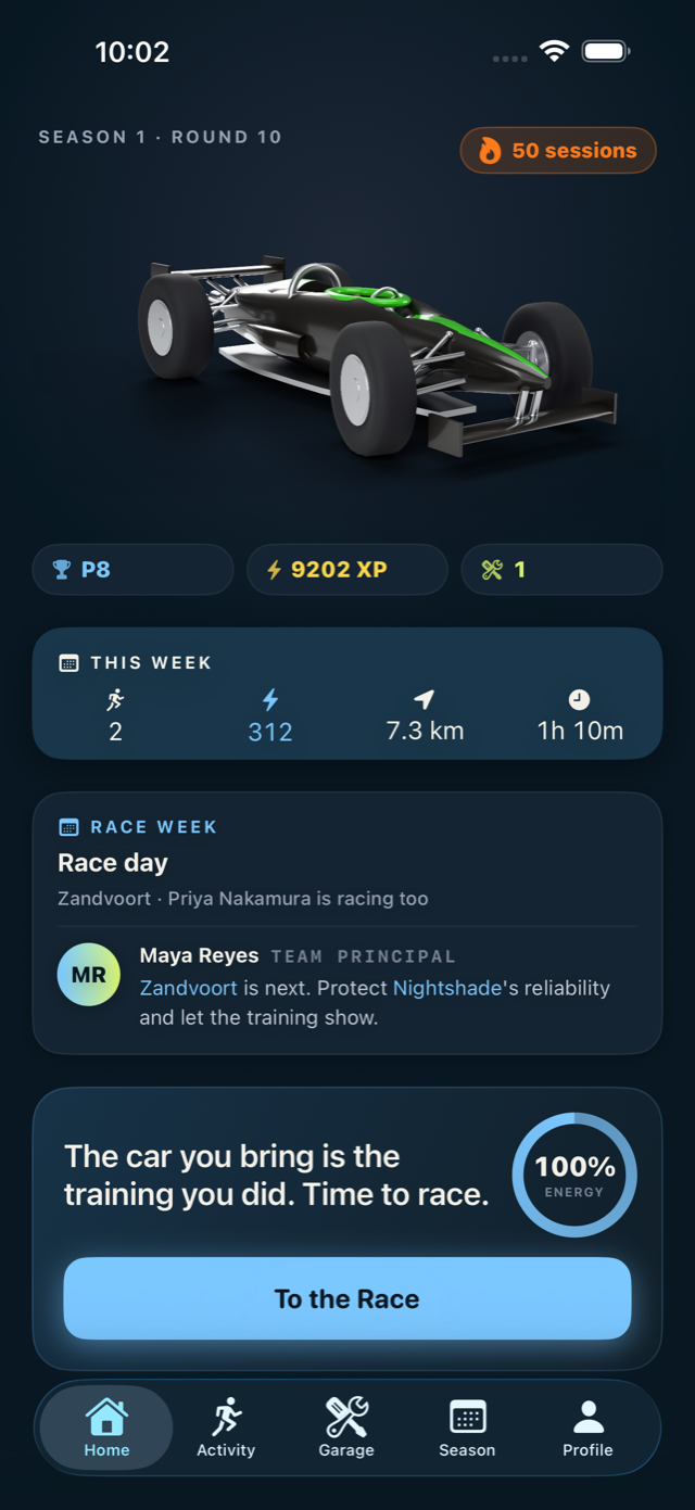 RunToDrive home screen showing the player's race car, season round and weekly training totals.