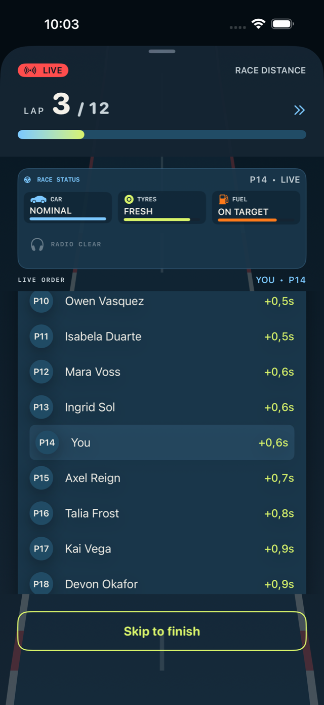 The live race screen showing current position, lap progress and the running order.